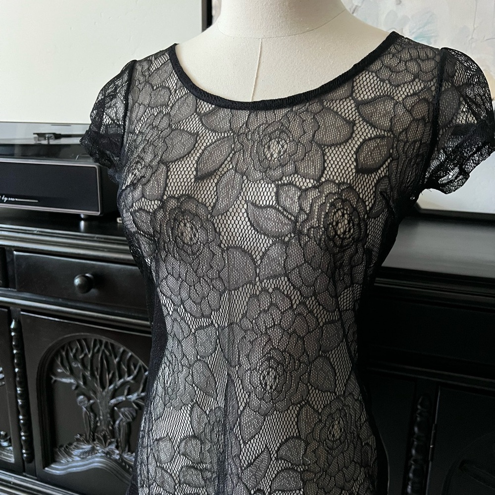 Sheer Black Floral Lace Short Sleeve Tee